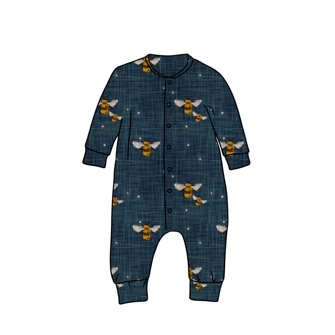 Long Popper Romper | Denim Bees