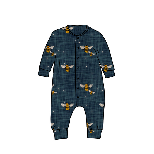 Long Popper Romper | Denim Bees