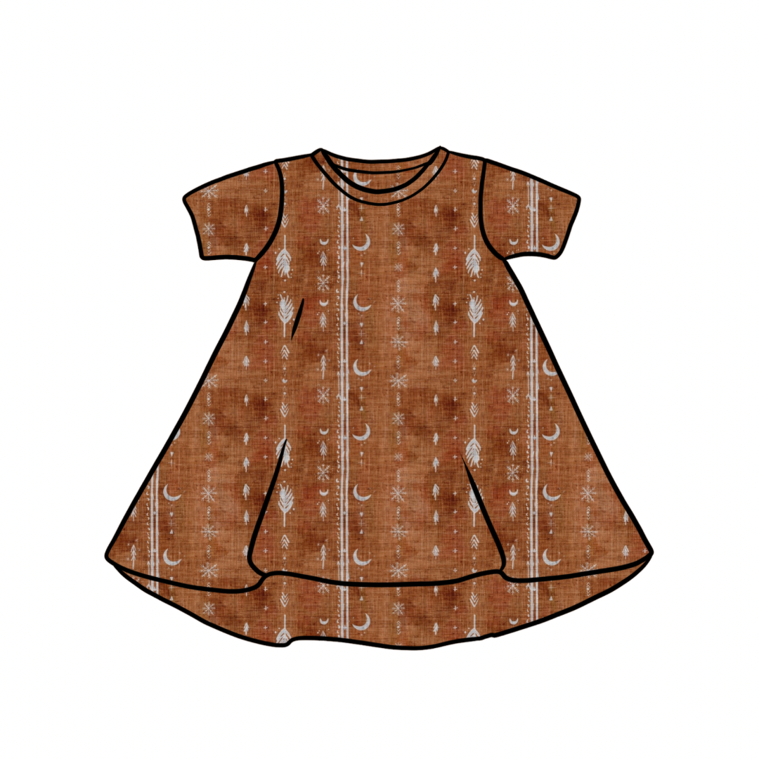 T-Shirt Dress | Long & Short Sleeves | Rust Aztec